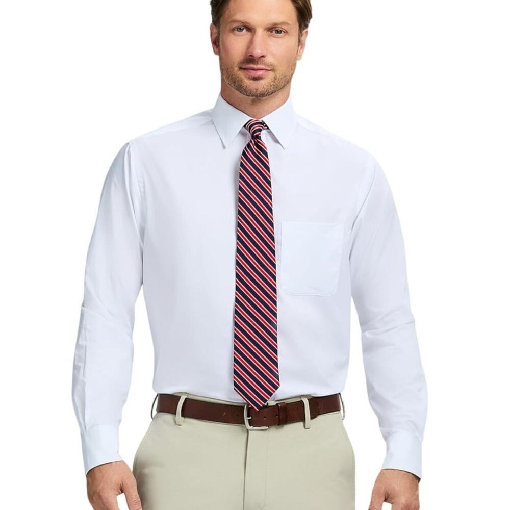 IZOD Men's All Over Stretch Dress Shirt White Size 17- 17 1/2 32-33 Wrinkle Free